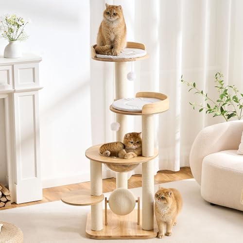 Minimalist 49-Inch Solid Wood Cat Tree Tower - Modern Oak Design