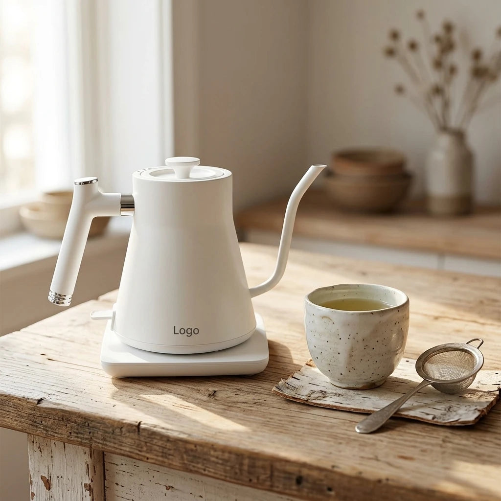Nordic Birch-Handle Electric Kettle - Minimalist White Precision