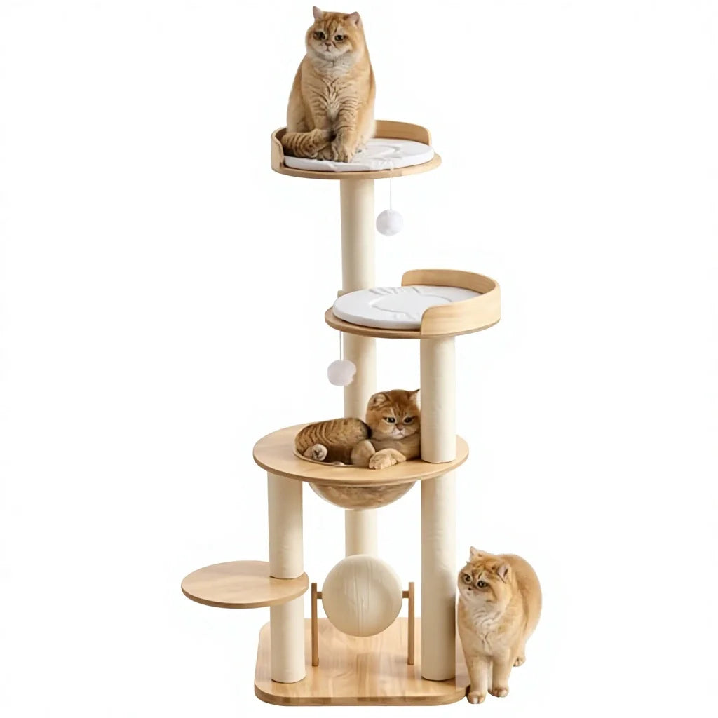 Minimalist 49-Inch Solid Wood Cat Tree Tower - Modern Oak Design