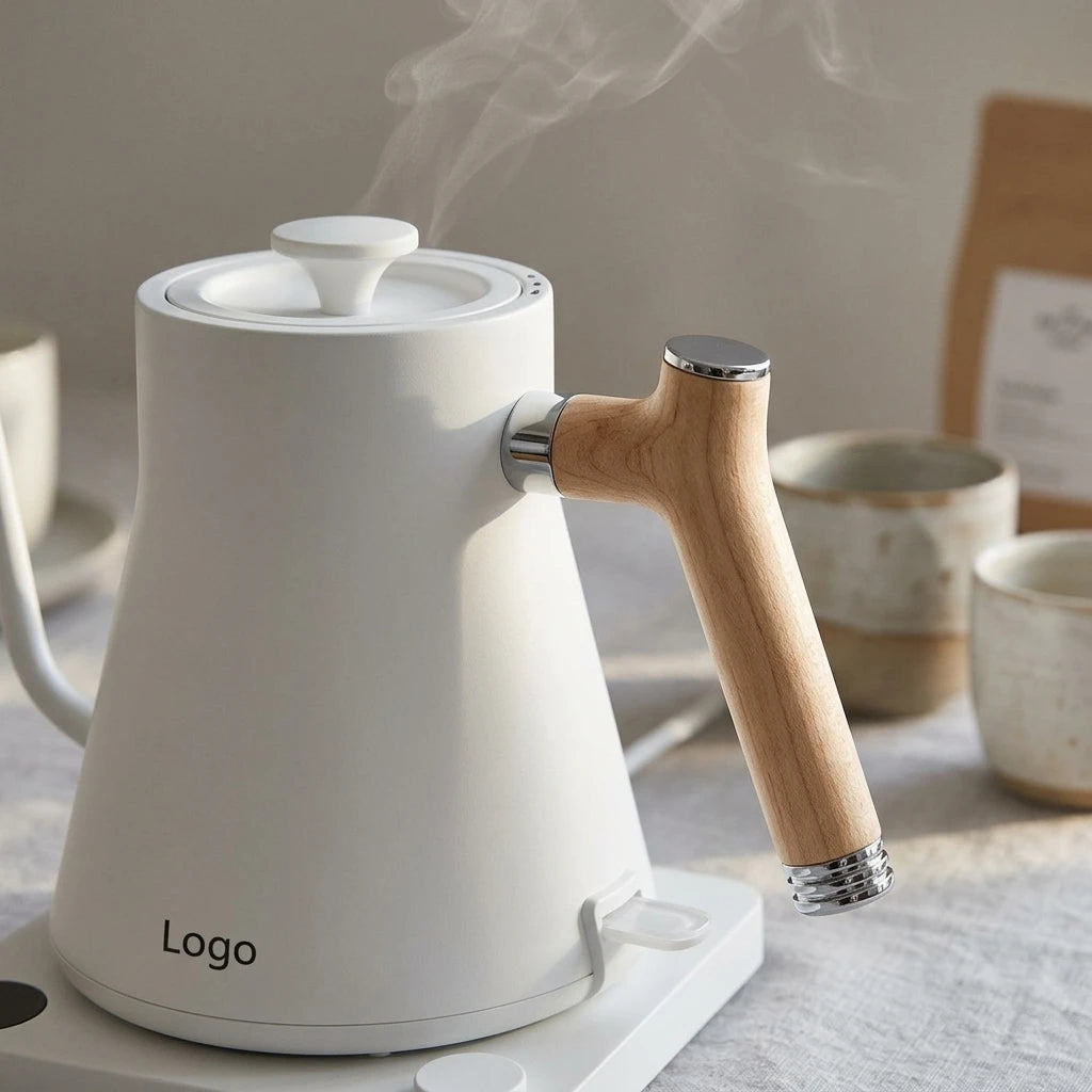 Nordic Birch-Handle Electric Kettle - Minimalist White Precision