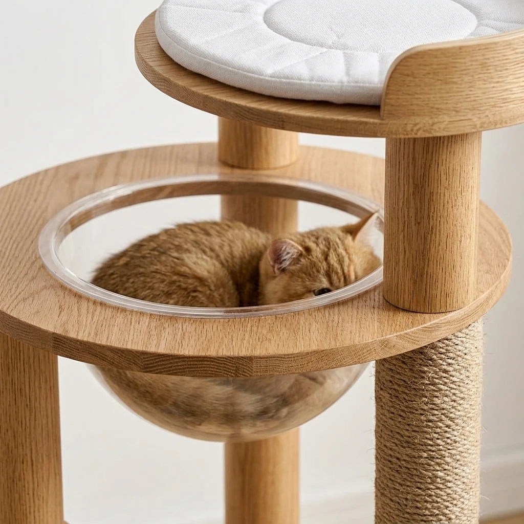 Minimalist 49-Inch Solid Wood Cat Tree Tower - Modern Oak Design