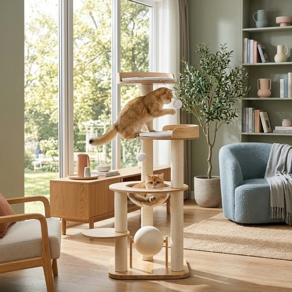 Minimalist 49-Inch Solid Wood Cat Tree Tower - Modern Oak Design