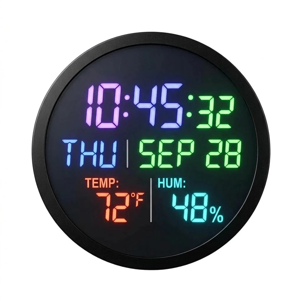 10-Inch RGB LED Digital Wall Clock, Modern Smart Decor with Remote Control, Temp Humidity Date Display, Auto-Brightness Circular LED Clock
