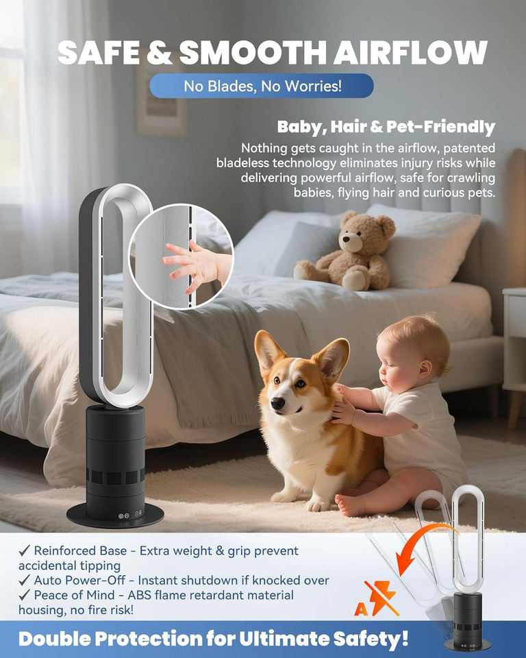 2-in-1 Bladeless Tower Fan - Dual-Orientation Portable Cooler