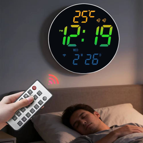 10-Inch RGB LED Digital Wall Clock, Modern Smart Decor with Remote Control, Temp Humidity Date Display, Auto-Brightness Circular LED Clock