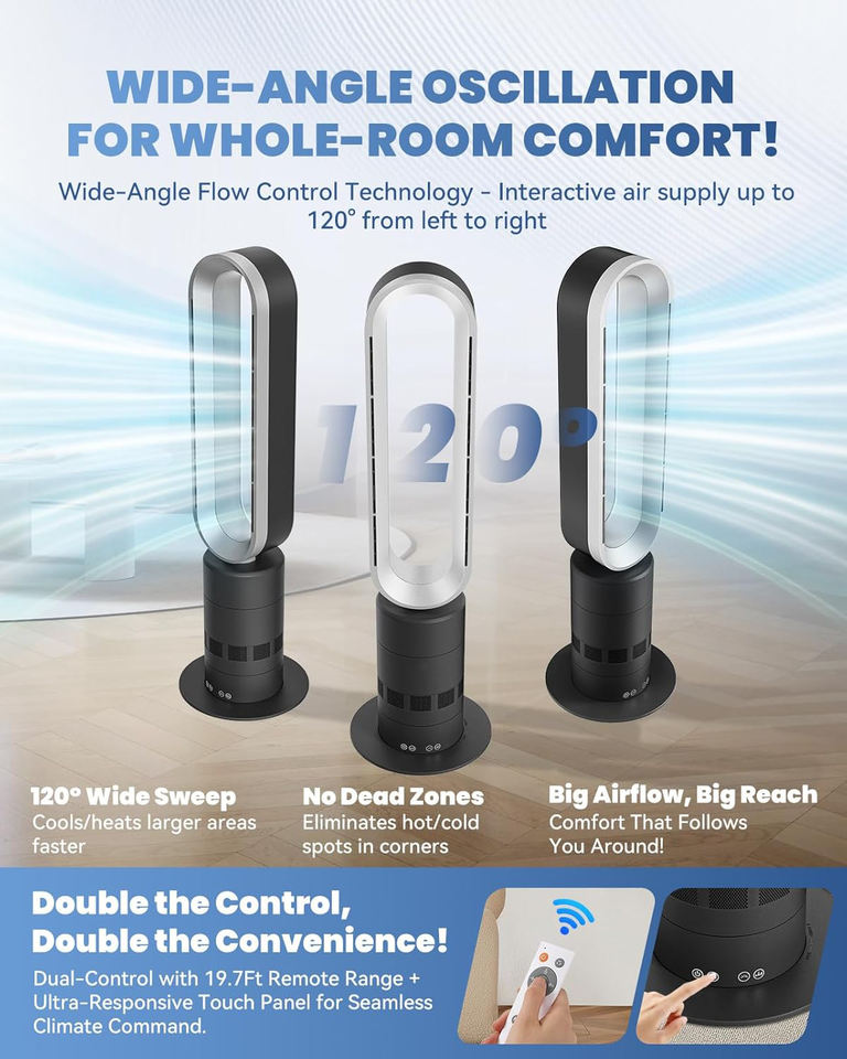 2-in-1 Bladeless Tower Fan - Dual-Orientation Portable Cooler