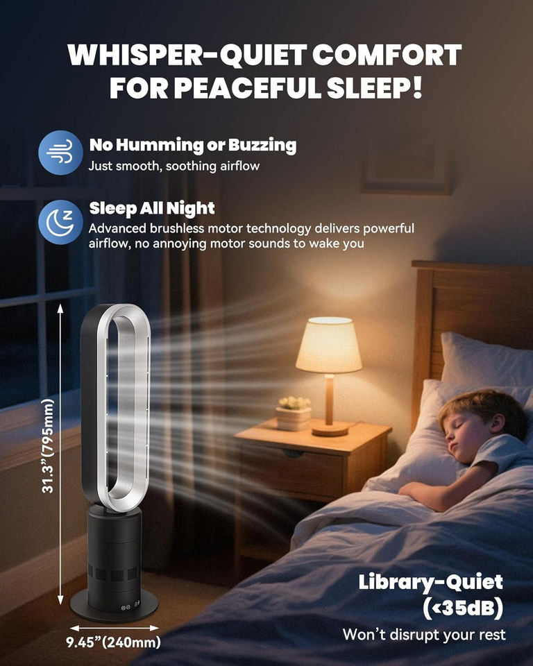 2-in-1 Bladeless Tower Fan - Dual-Orientation Portable Cooler