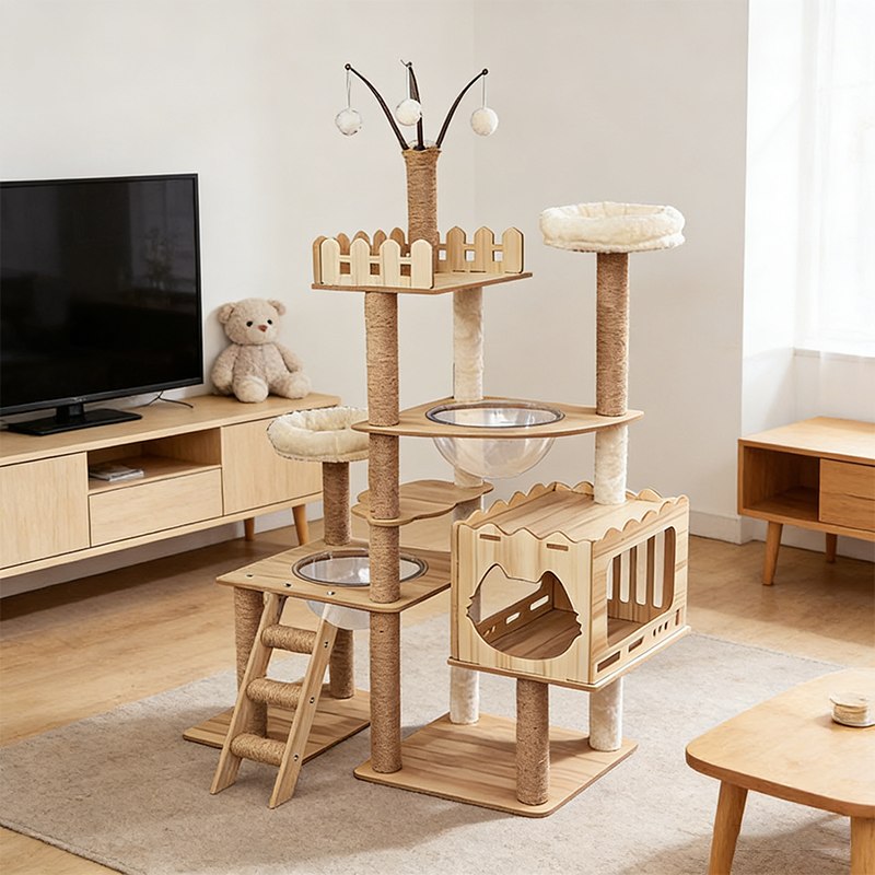 Minimalist 49-Inch Solid Wood Cat Tree Tower - Modern Oak Design