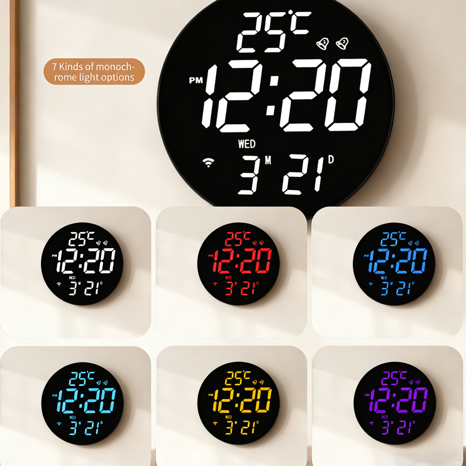 10-Inch RGB LED Digital Wall Clock, Modern Smart Decor with Remote Control, Temp Humidity Date Display, Auto-Brightness Circular LED Clock